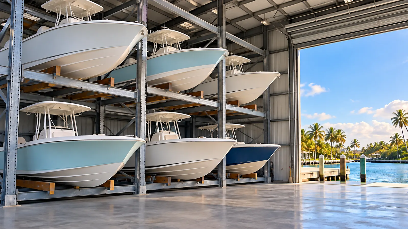 A tall indoor dry-stack boat storage rack holding several small unmarked center-console boats, open hangar door with bright sky