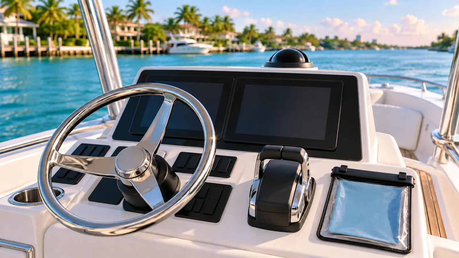 A neatly organized boat helm with a plain steering wheel, blank instrument panel and a waterproof document pouch, no text