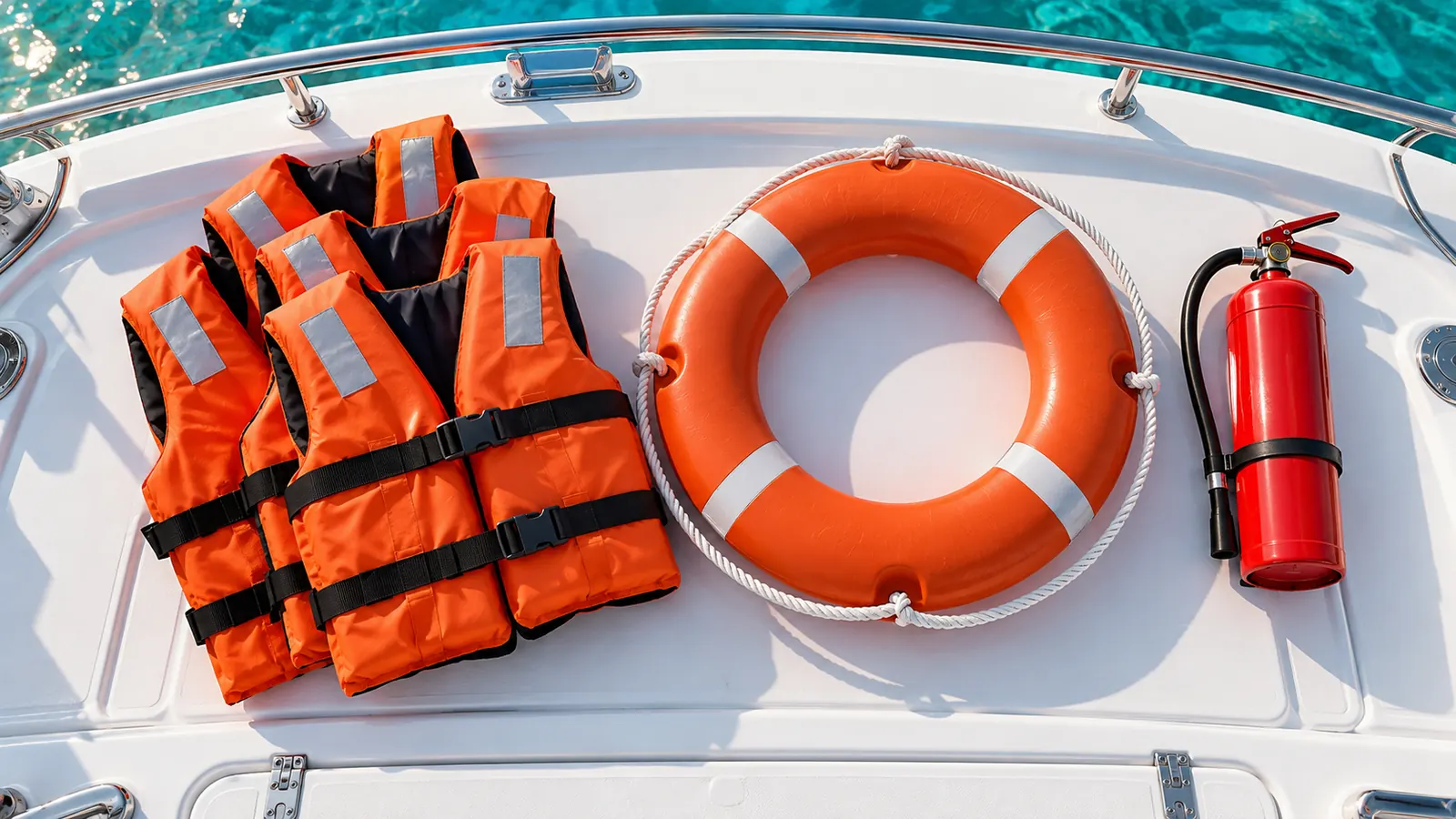 Orange life jackets, a throwable ring buoy and a fire extinguisher neatly arranged on a white boat deck