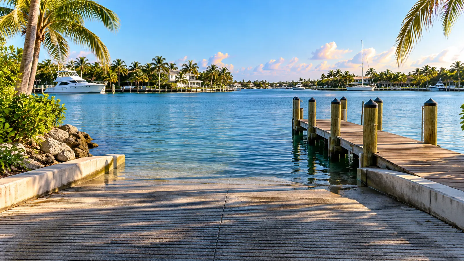 An empty concrete boat ramp sloping into calm bay water, a wooden courtesy dock beside it, palms and blue sky