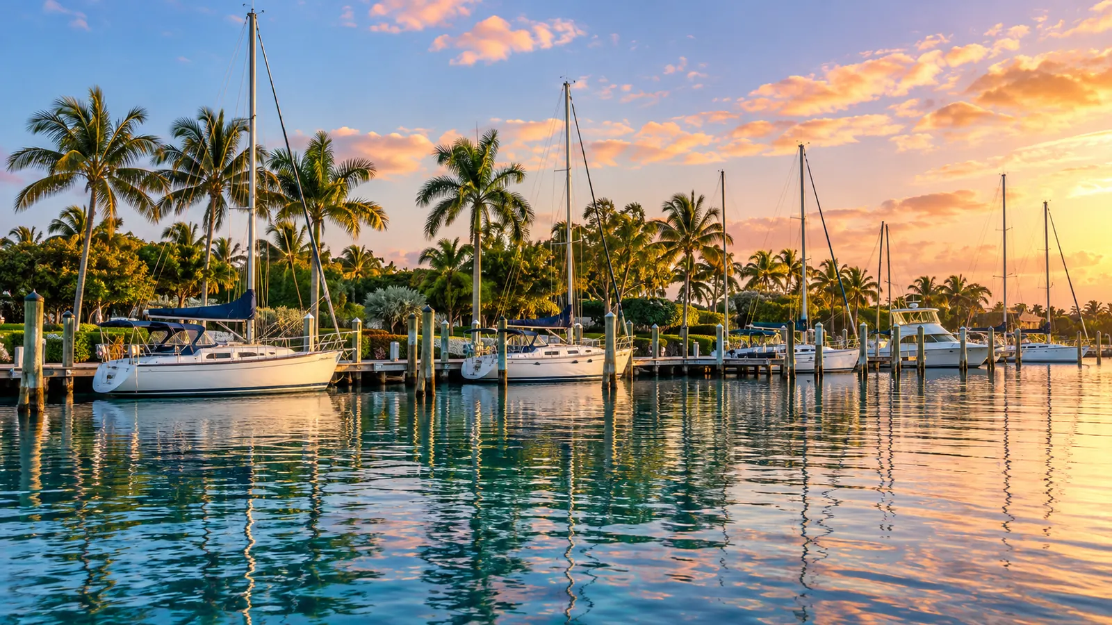 A small municipal-style marina tucked along a palm-lined canal with a few sailboats moored, late afternoon light