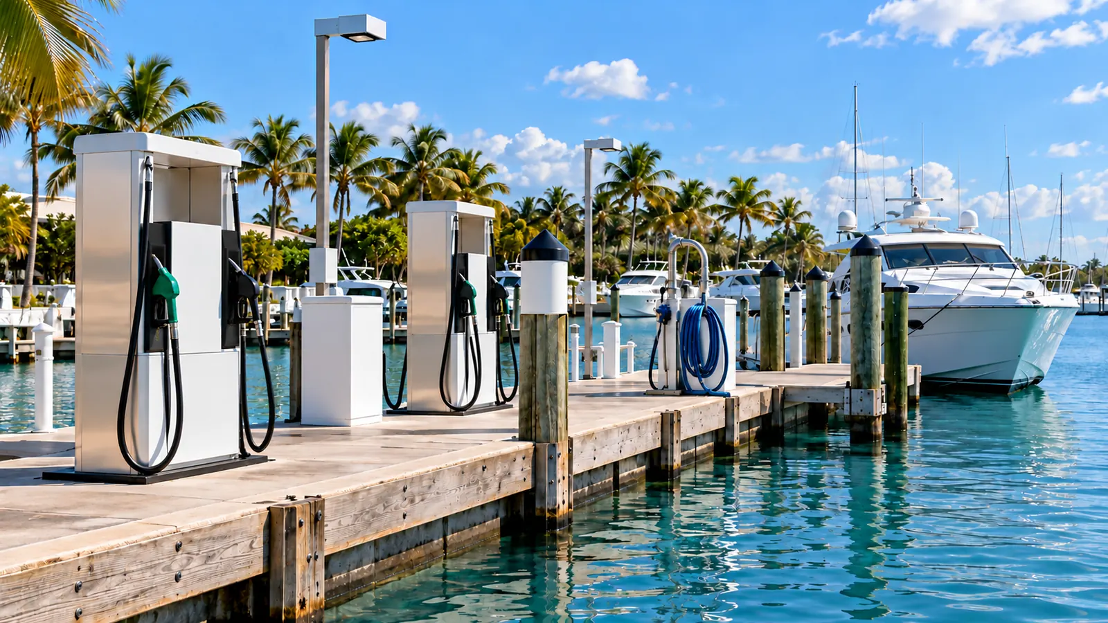 A waterfront fuel dock with plain unbranded pumps and a pump-out hose station on a clean pier, calm water