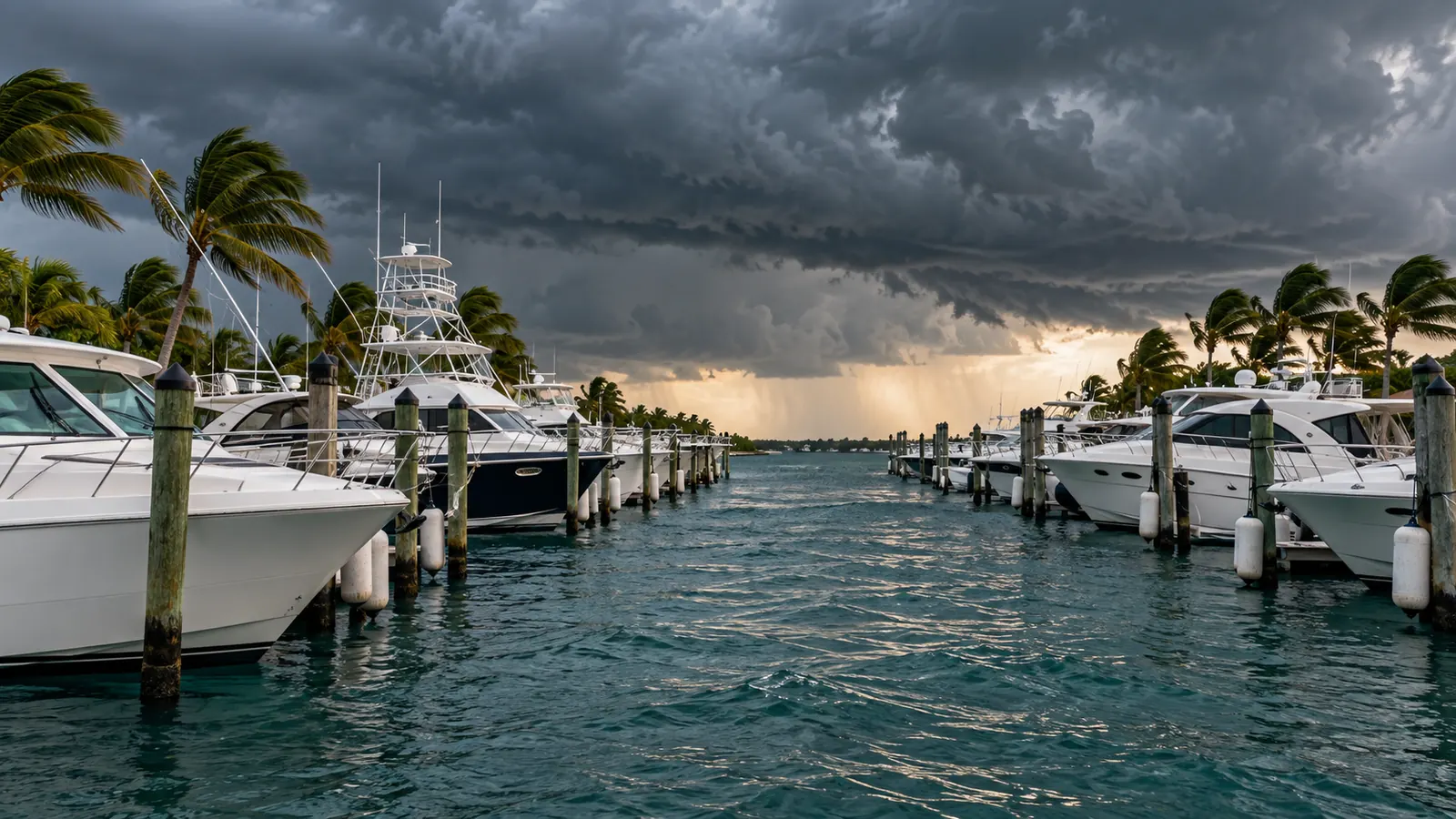 Heavy storm clouds over a marina, boats double-lined to the pilings and fenders deployed, wind bending the palms
