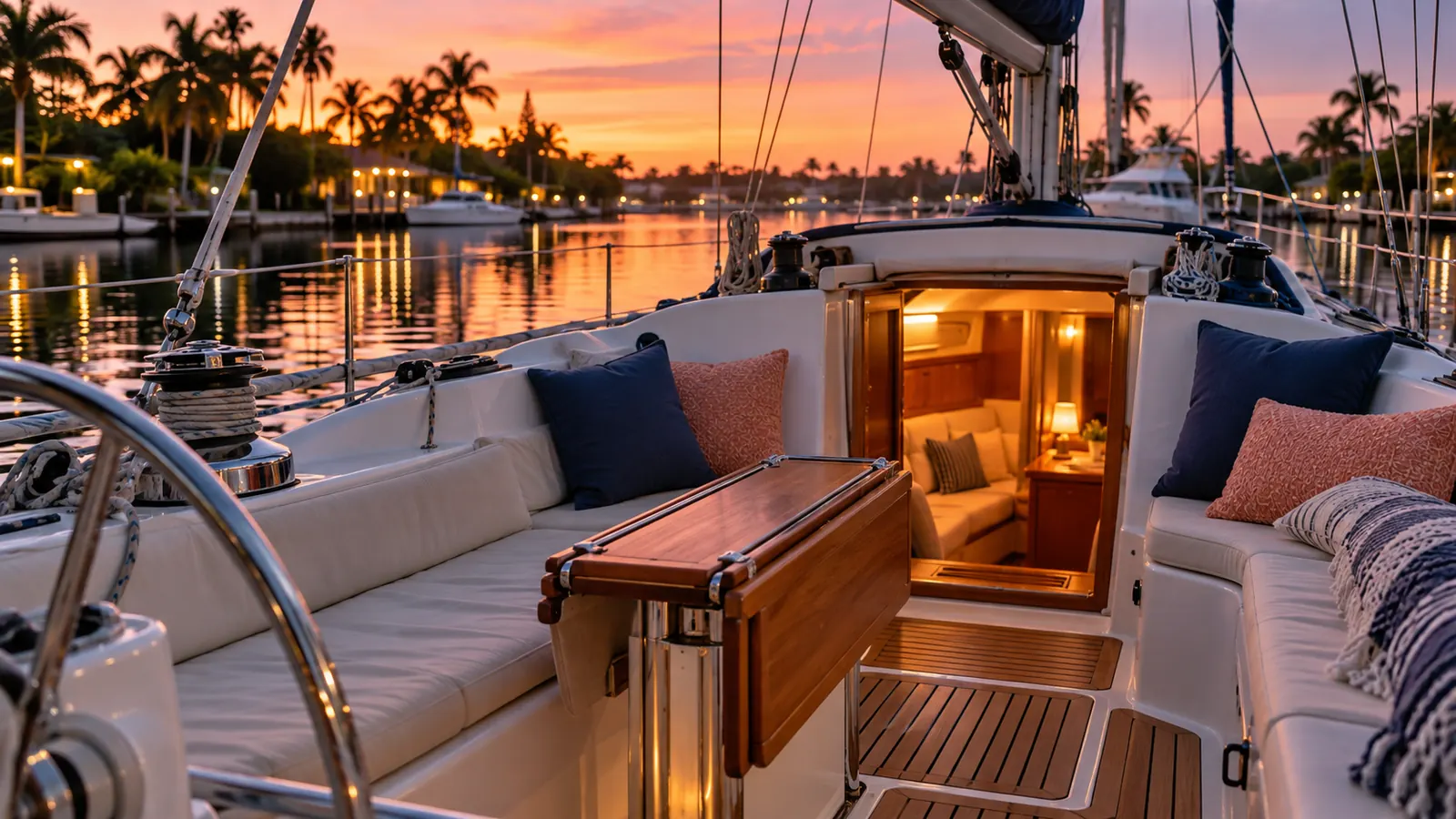 The cockpit of a docked sailboat at dusk with cushions, a folded table and warm cabin light glowing through a hatch