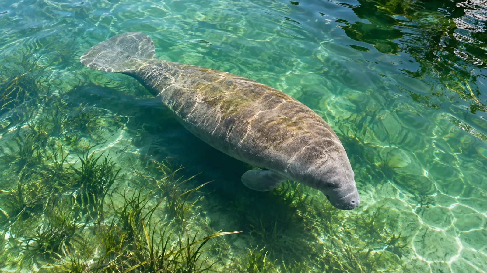 A manatee gliding just below the surface of clear green canal water, seagrass below, seen from above