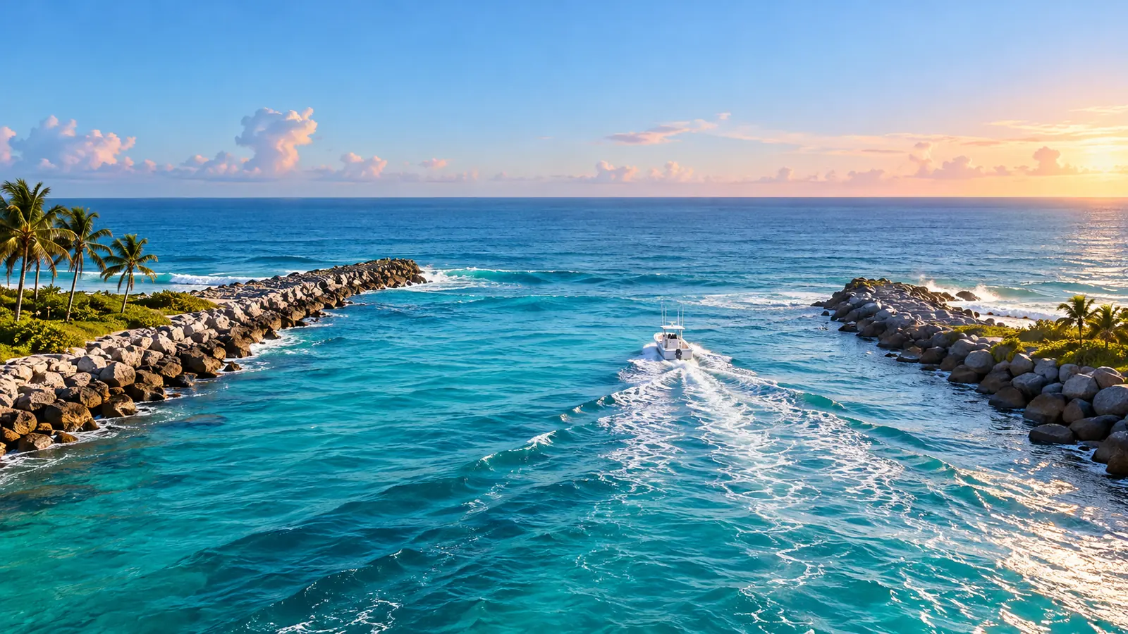 A wide inlet between two rock jetties opening to the Atlantic, gentle swells, one small unmarked boat heading out