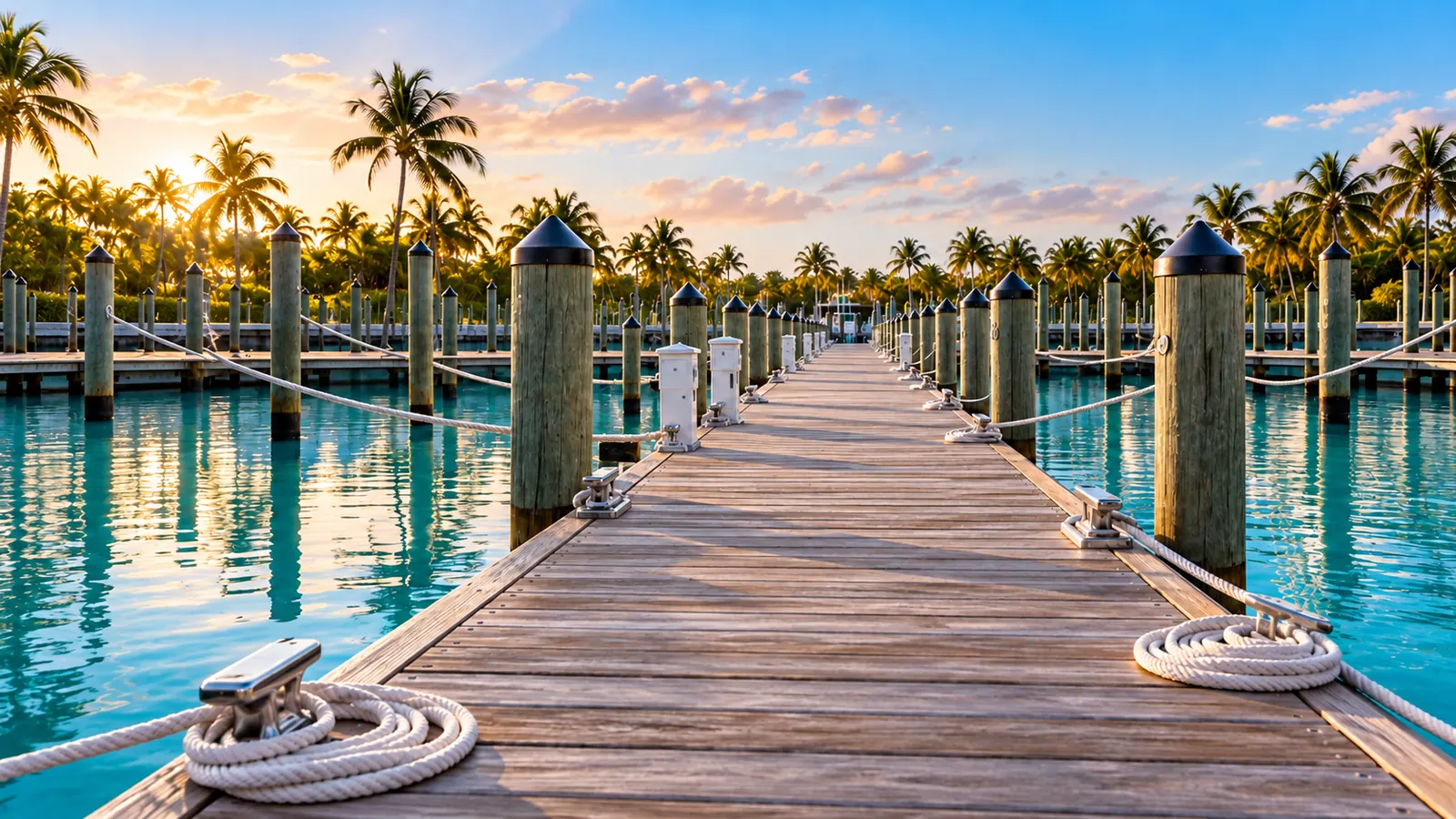 Looking down a long wooden dock between empty boat slips, cleats and coiled white lines in the foreground, turquoise water